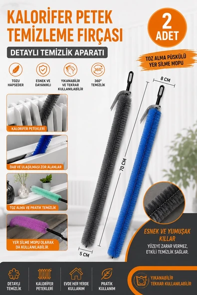 Kalorifer Petek Temizleme Fırçası 70 cm 2 Adet Esnek Radyatör Temizlik Fırçası Toz Alma Aparatı Yer Silme Mopu ürün görseli 1