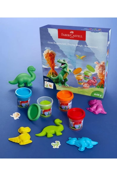 Faber-Castell Dino 4x56 gr Oyun Hamuru ve 3D Kalıp Oyun Hamuru Seti ürün görseli 1