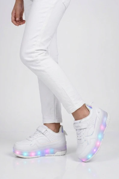 Rocky Beyaz Cırtlı Ortopedik Işıklı Unisex Çocuk Patenli Spor Ayakkabı Glow F ürün görseli 1