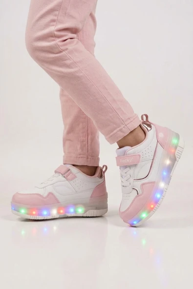 Rocky Pudra-Beyaz Cırtlı Ortopedik Işıklı Kız Çocuk Patenli Spor Ayakkabı Glow F ürün görseli 1