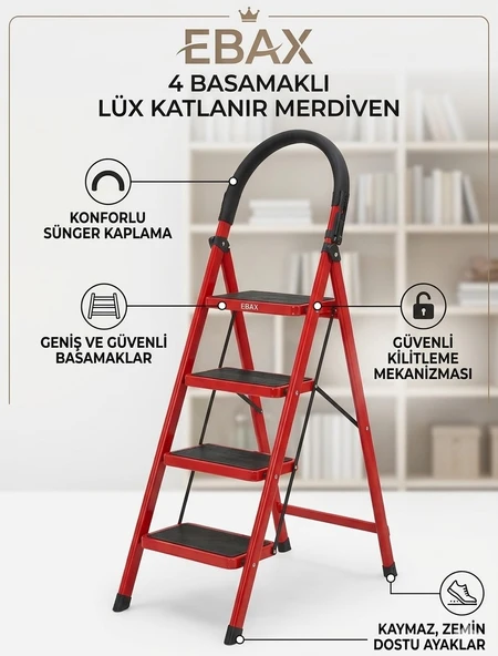 Lüx 4 Basamaklı Katlanır Ev ve Ofis Merdiveni - Sağlam Metal Gövde, Geniş Kaymaz Mat Basamaklı Taşınabilir Portatif Merdiven ürün görseli 1