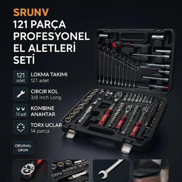 SRUNV 121 Parça Profesyonel El Aletleri Seti | Lokma Takımı, Cırcır Kol, Kombine Anahtar, Torx Uçlar, CR-V Çelik ürün görseli 1