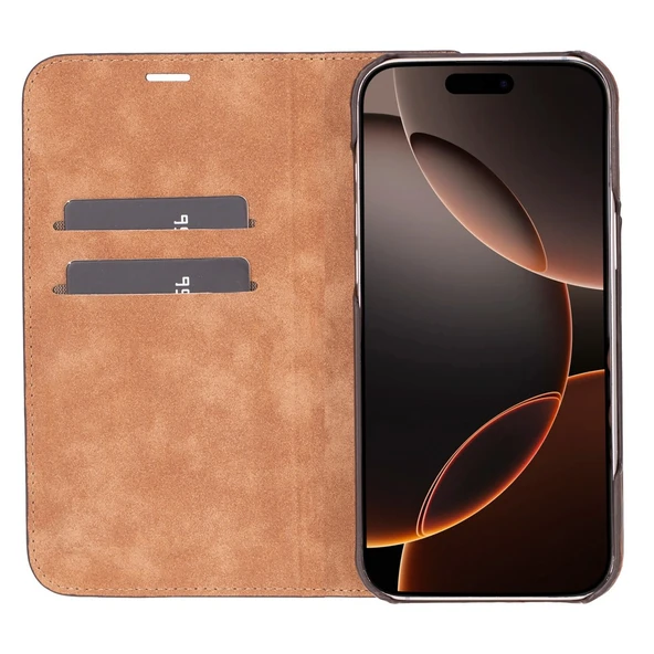 Apple iPhone 16 Pro Max uyumlu, Hakiki Deri, El Yapımı, Cüzdanlı Kılıf, Antik Kahve ürün görseli 1