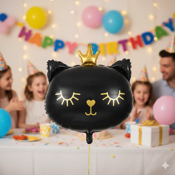 66 cm GRABO Siyah Kedi Kafası Taçlı Folyo Balon - Doğum Günü Parti Dekorasyon Balonu ürün görseli 1