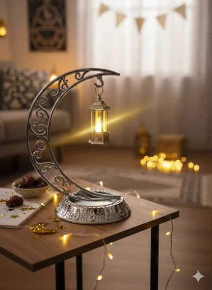 Dekoratif 28 cm Hilal Parlak Gümüş Ramazan Led Lamba 10 cm Kancalı Set ürün görseli 1