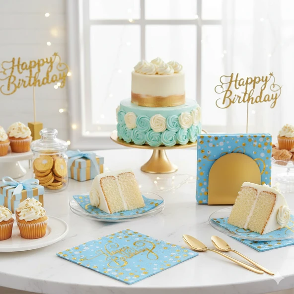 Varaklı Happy Birthday Yazılı Mavi Peçete Gold Üst Baskılı Doğum Günü Parti Peçetesi ürün görseli 1