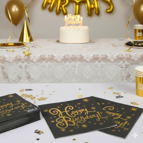 Varaklı Happy Birthday Yazılı Peçete - Siyah Zemin Gold Baskı 20'li ürün görseli 1