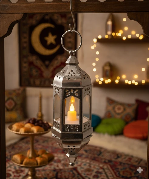 20 cm Ramazan Ledli Asmalı Parlak Gümüş Fener - Pil Dahil Dekoratif Ramazan Feneri ürün görseli 1