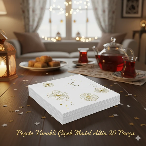 Ramazan Varaklı Çiçek Model Altın Peçete 20 Parça - Ramazan Sofra Peçetesi - Resim 4