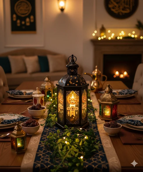 43 cm Ramazan Ledli Siyah Model Tek Mumlu Lüks Fener - Pil Dahil Dekoratif Ramazan Feneri ürün görseli 1
