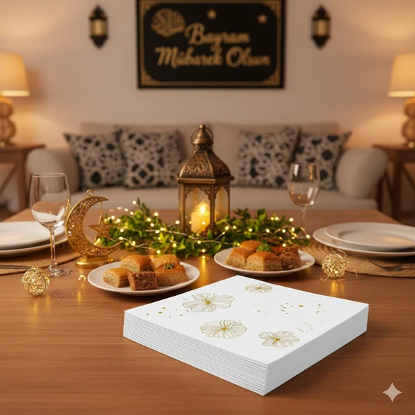 Ramazan Varaklı Çiçek Model Altın Peçete 20 Parça - Ramazan Sofra Peçetesi - Resim 3