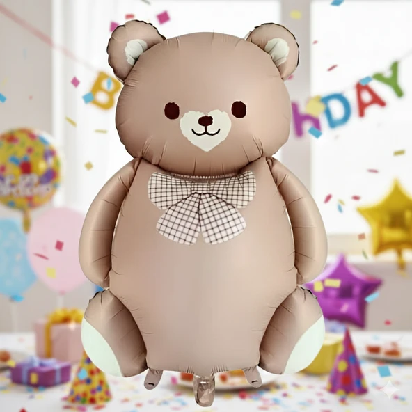56,5x90 cm Papyonlu Ayıcık Karamel Folyo Balon - Doğum Günü Parti Dekorasyon Balonu ürün görseli 1