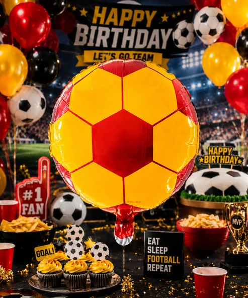 Sarı Kırmızı Futbol Topu Folyo Balon 18 İnç 45 CM Taraftar Parti Süsü GS ürün görseli 1