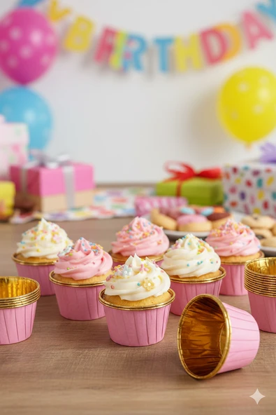 Cupcake Kapsülü Pembe içi gold Metalize 25li ürün görseli 1