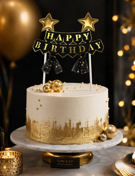 Pasta Üstü Çubuklu Happy Birthday Yıldızlı Tüllü Siyah Süs Doğum Günü Parti Dekoru ürün görseli 1