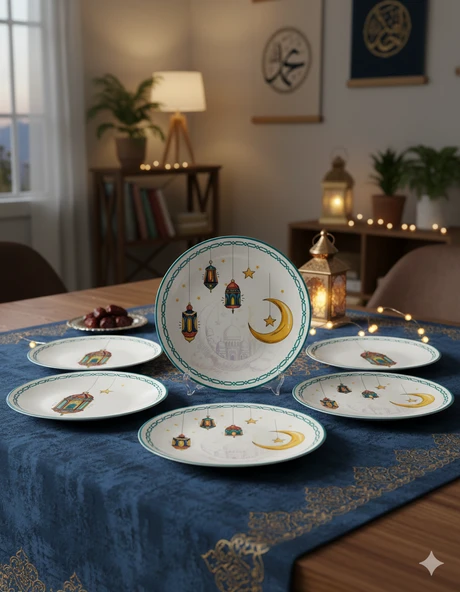 23 cm Ramazan Mavi Tema Karton Tabak 8 Parça - Ramazan Sofra ve İkram Tabağı - Resim 2