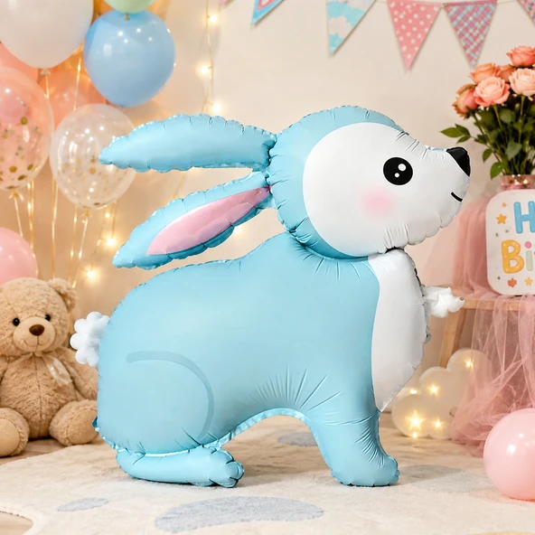 Mavi Retro Tavşan Folyo Balon 60x59 cm Doğum Günü Baby Shower Parti Süsü Dekorasyonu ürün görseli 1