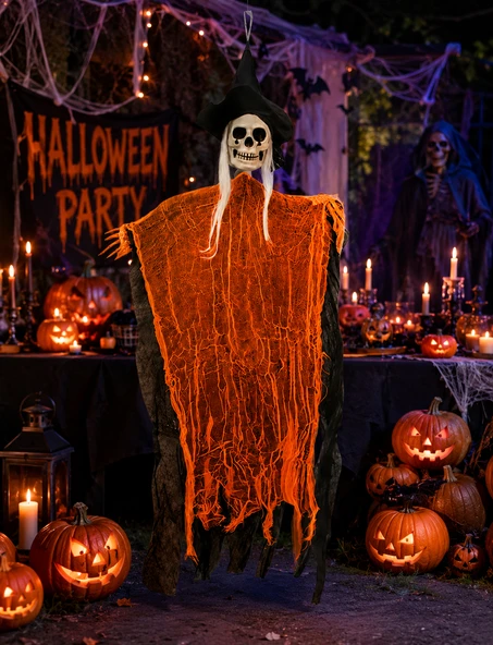 Halloween Şapkalı Saçlı İskelet Korkuluk 100 CM Turuncu Dekor Parti Süsü ürün görseli 1