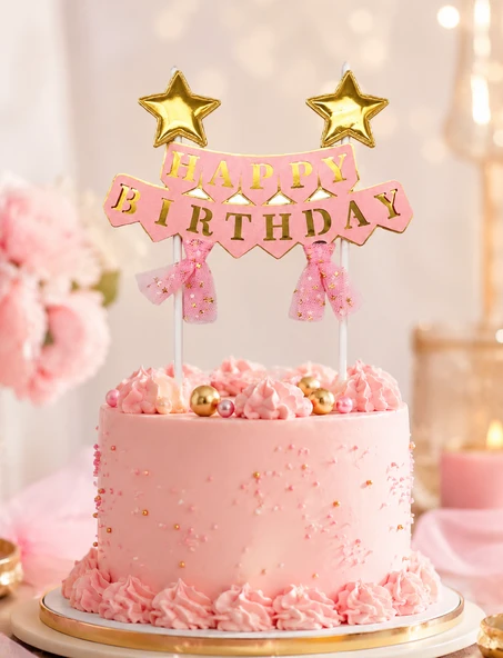 Pasta Üstü Çubuklu Happy Birthday Yıldızlı Tüllü Pembe Süs Doğum Günü Parti Dekoru ürün görseli 1