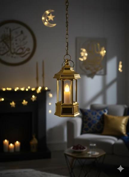 Ramazan Ledli Dekoratif Fener Altın Renk 10 cm Masa ve Raf Süsü ürün görseli 1