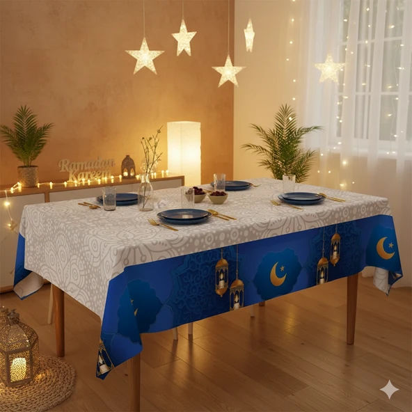 160 x 220 cm Etek Ucu Saks Mavi Ramazan Masa Örtüsü - Ramazan Sofra ve Masa Dekoru ürün görseli 1