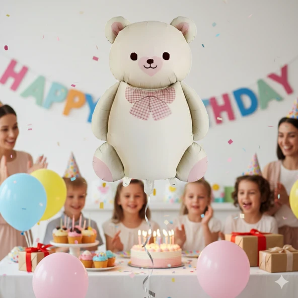 56,5x90 cm Papyonlu Ayıcık Krem Folyo Balon - Doğum Günü Parti Dekorasyon Balonu ürün görseli 1