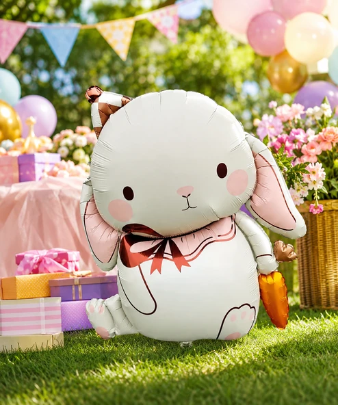Krem Tavşan Havuçlu Şapkalı Folyo Balon 42x72 CM Parti Dekorasyon Süsü ürün görseli 1