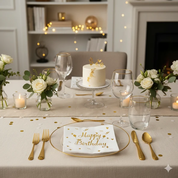 Varaklı Happy Birthday Beyaz Gold Baskılı Peçete 20'li Doğum Günü Parti Peçetesi ürün görseli 1