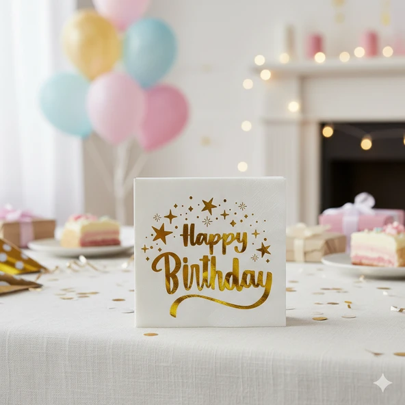 Varaklı Happy Birthday Yazılı Peçete - Beyaz Zemin Yıldız Desenli ürün görseli 1