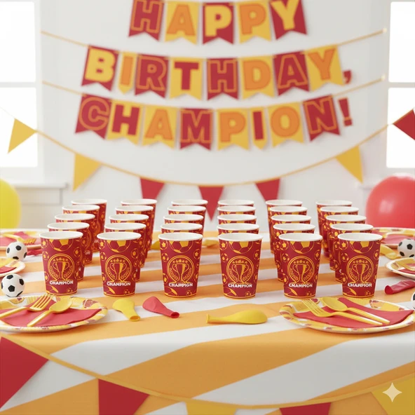 Champion Temalı Sarı Kırmızı Karton Bardak 8 oz 8'li Spor Parti Bardağı ürün görseli 1