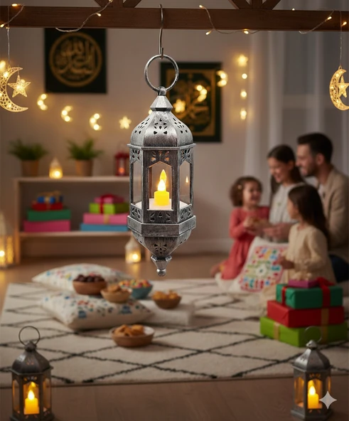 Ledli Asmalı Eskitme Model Dekoratif Fener 20 Cm Gümüş Kendinden Pilli ürün görseli 1