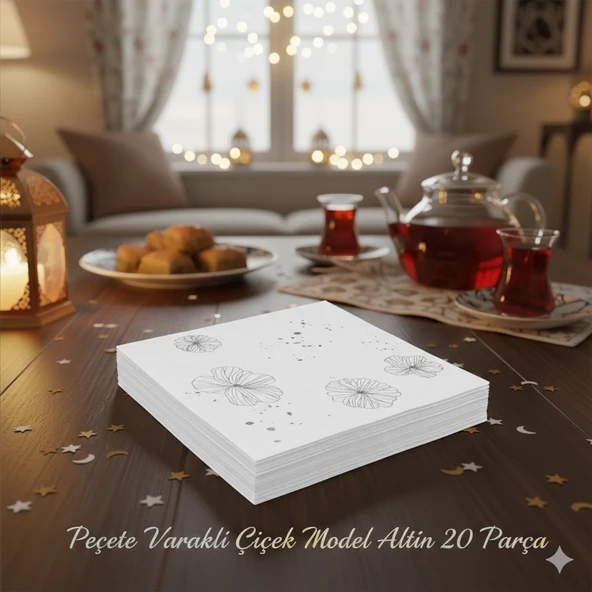 Ramazan Varaklı Çiçek Model Gümüş Peçete 20 Parça - Ramazan Sofra Peçetesi - Resim 3