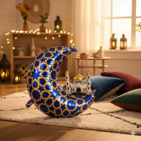 65 x 63 cm Folyo Balon Mavi Gold Desenli Cami Figürlü Hilal - Ramazan Süs Balonu ürün görseli 1