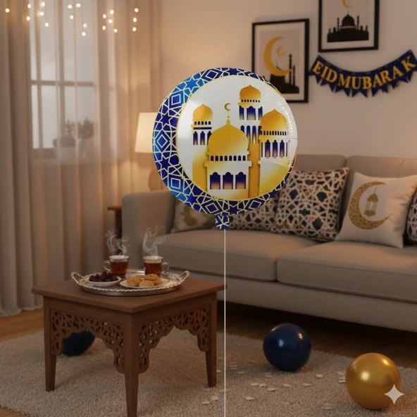 45 cm Ramazan Kubbeli Hilal Figürlü Mavi Folyo Balon - Ramazan Dekorasyon Balonu ürün görseli 1