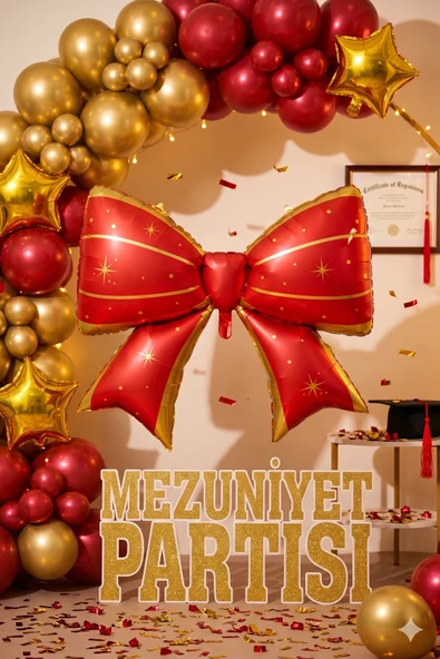 Mezuniyet Fiyonk Folyo Balon Kırmızı Gold 98x75 cm Mezuniyet Partisi Süsü Dekorasyonu ürün görseli 1