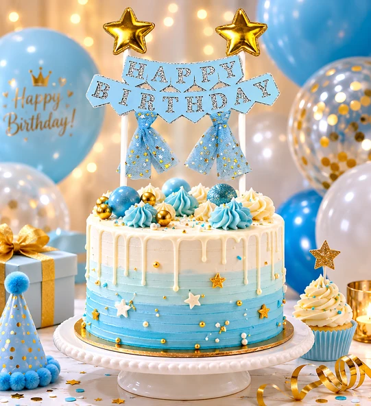 Pasta Üstü Çubuklu Happy Birthday Yıldızlı Tüllü Mavi Süs Doğum Günü Parti Dekoru ürün görseli 1