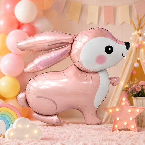 Pembe Retro Tavşan Folyo Balon 60x59 cm Doğum Günü Baby Shower Parti Süsü Dekorasyonu ürün görseli 1