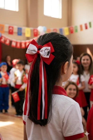 Atatürk Temalı 23 Nisan Saten Fiyonk Toka Kırmızı Beyaz Çocuk Saç Tokası ürün görseli 1