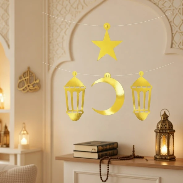 Ramazan Dekorasyon Süs Seti 4 Parça Gold Varaklı Asmalı Duvar Süsü ürün görseli 1