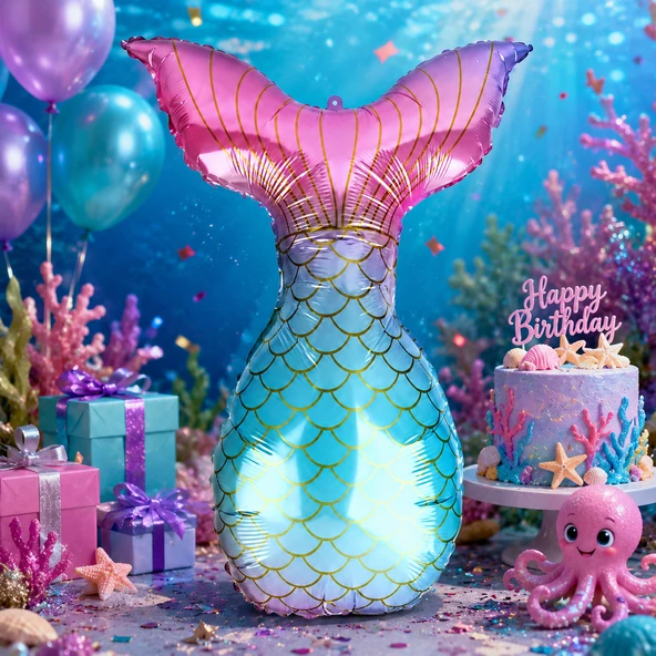 Deniz Kızı Kuyruk Folyo Balon 85x52 CM Doğum Günü Parti Dekorasyonu ürün görseli 1