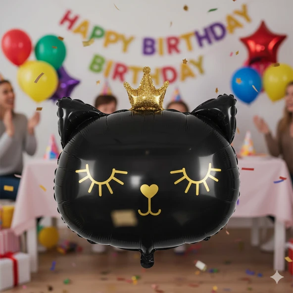 30 İnç Siyah Kedi Kafası Taçlı Folyo Balon - Doğum Günü Parti Dekorasyon Balonu ürün görseli 1