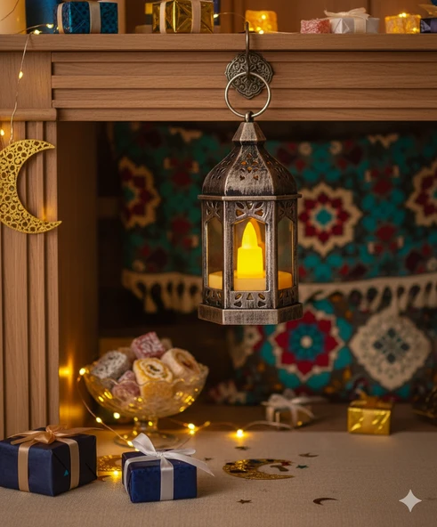 9 cm Ramazan Ledli Eskitme Gümüş Fener - Pil Dahil Dekoratif Ramazan Feneri ürün görseli 1