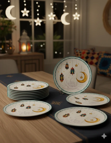 23 cm Ramazan Mavi Tema Karton Tabak 8 Parça - Ramazan Sofra ve İkram Tabağı - Resim 3