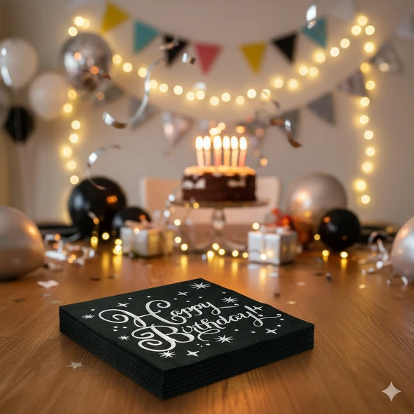 Varaklı Happy Birthday Yazılı Peçete - Siyah Zemin Gümüş Baskı 20'li ürün görseli 1