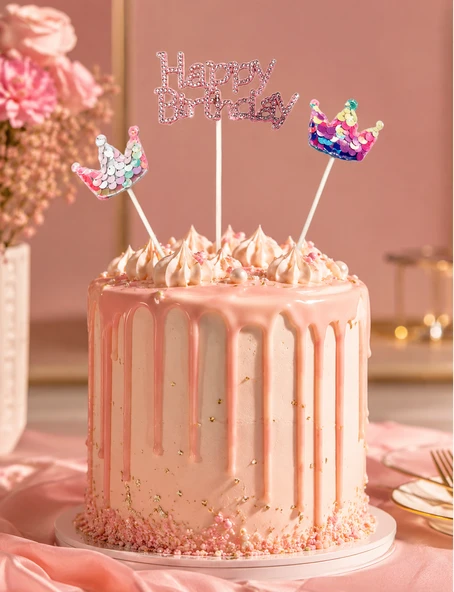 Pasta Üstü Çubuklu Happy Birthday Taşlı Pullu 3 Parça Süs Doğum Günü Parti Dekoru ürün görseli 1