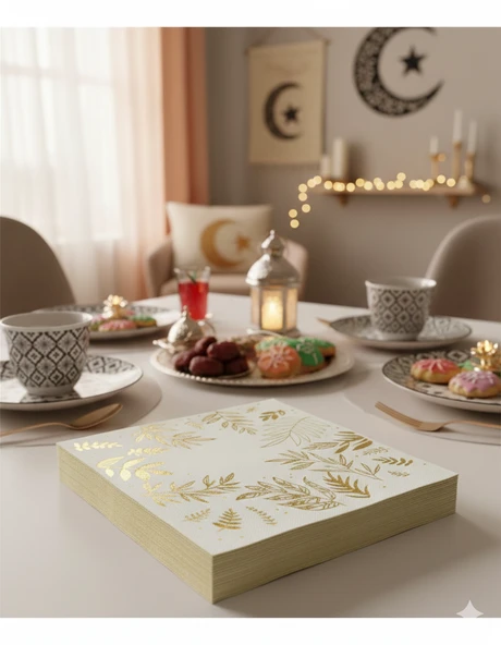 Ramazan Varaklı Yaprak Model Altın Peçete 20 Parça - Ramazan Sofra Peçetesi - Resim 5