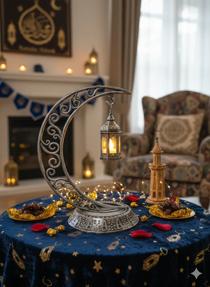 Dekoratif 28 cm Hilal Eskitme Gümüş Ramazan Led Lamba 10 cm Kancalı Set ürün görseli 1