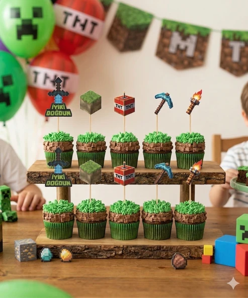 Minecraft Temalı Pasta Kürdan Seti 10'lu Doğum Günü Cupcake Süsleme Dekoru ürün görseli 1