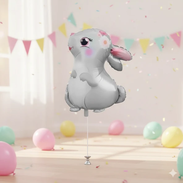 51x54 cm Sevimli Tavşan Çiçek Desenli Folyo Balon - Doğum Günü Parti Dekorasyon Balonu ürün görseli 1