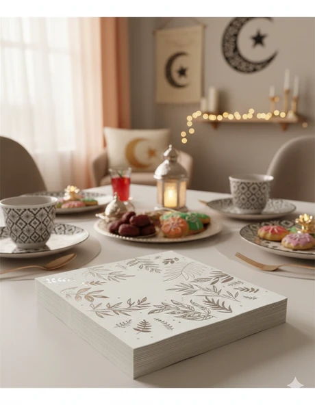 Ramazan Varaklı Yaprak Model Gümüş Peçete 20 Parça - Ramazan Sofra Peçetesi ürün görseli 1